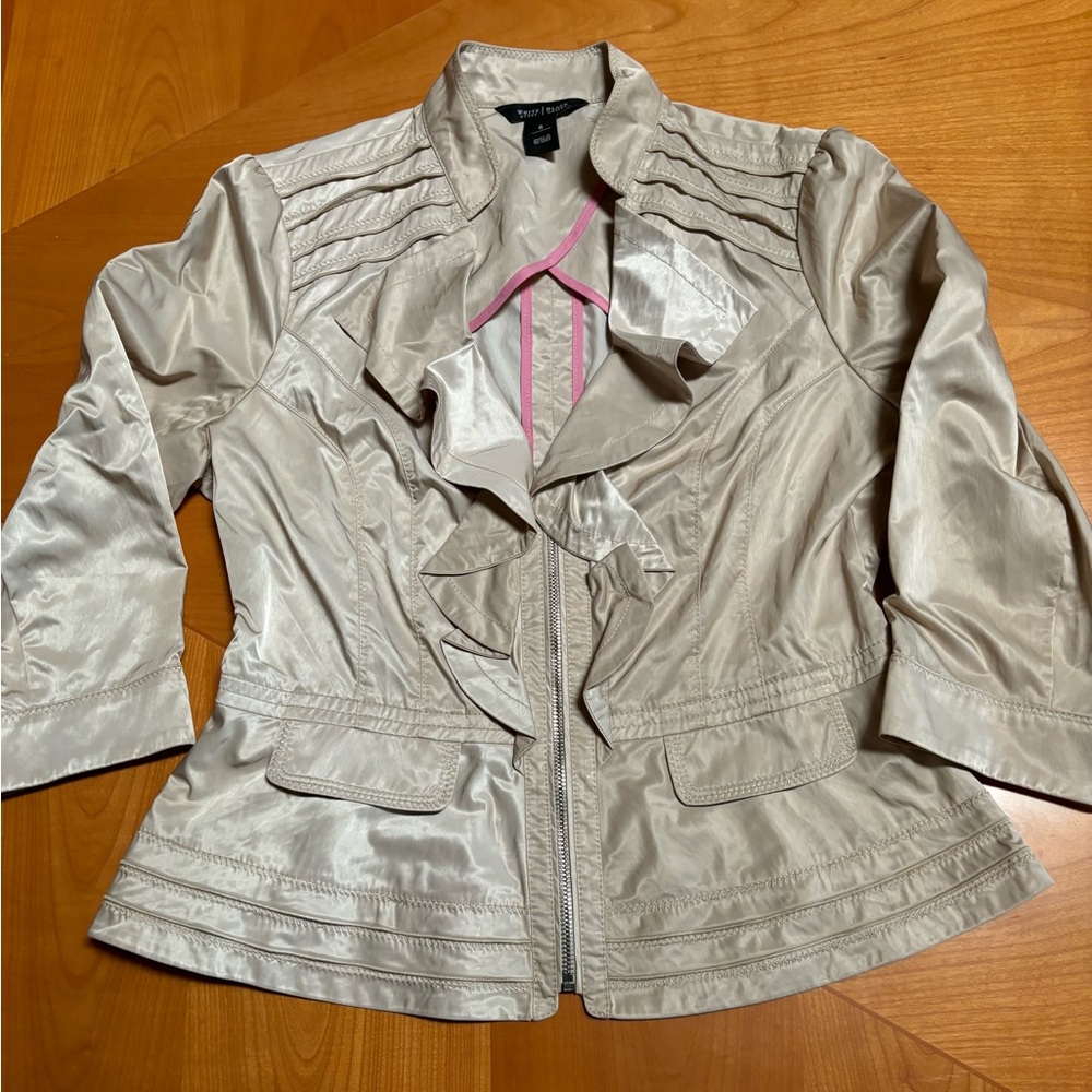 White House Black Market taupe ruffle jacket.